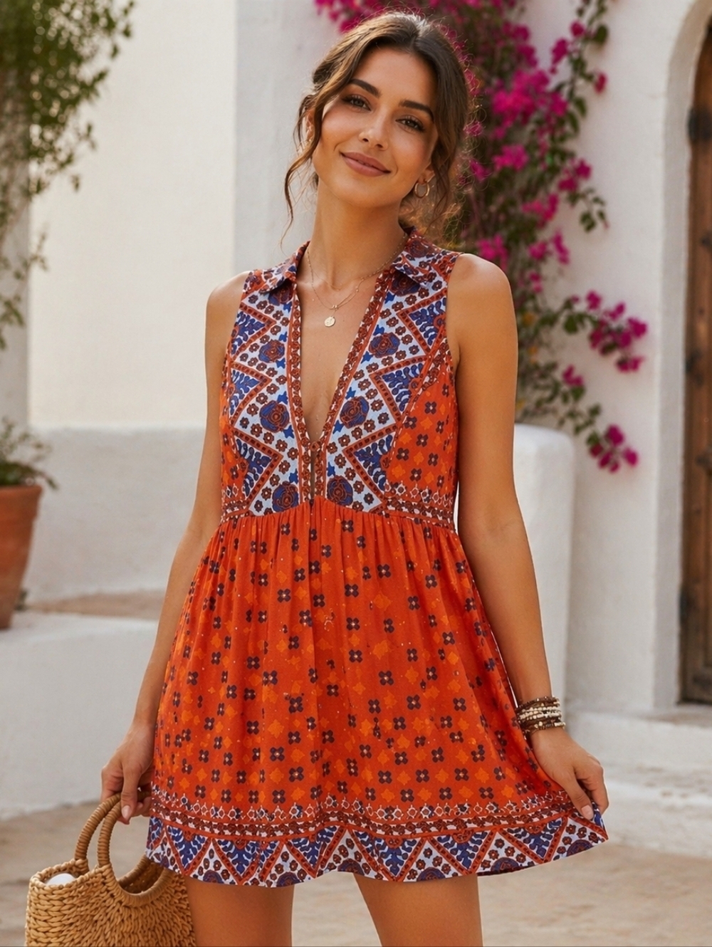 Free People Orange Patterned Sleeveless Dress, Size Small